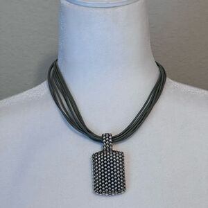 Artisan Olive Leather and Stamped Silver Pendant Necklace